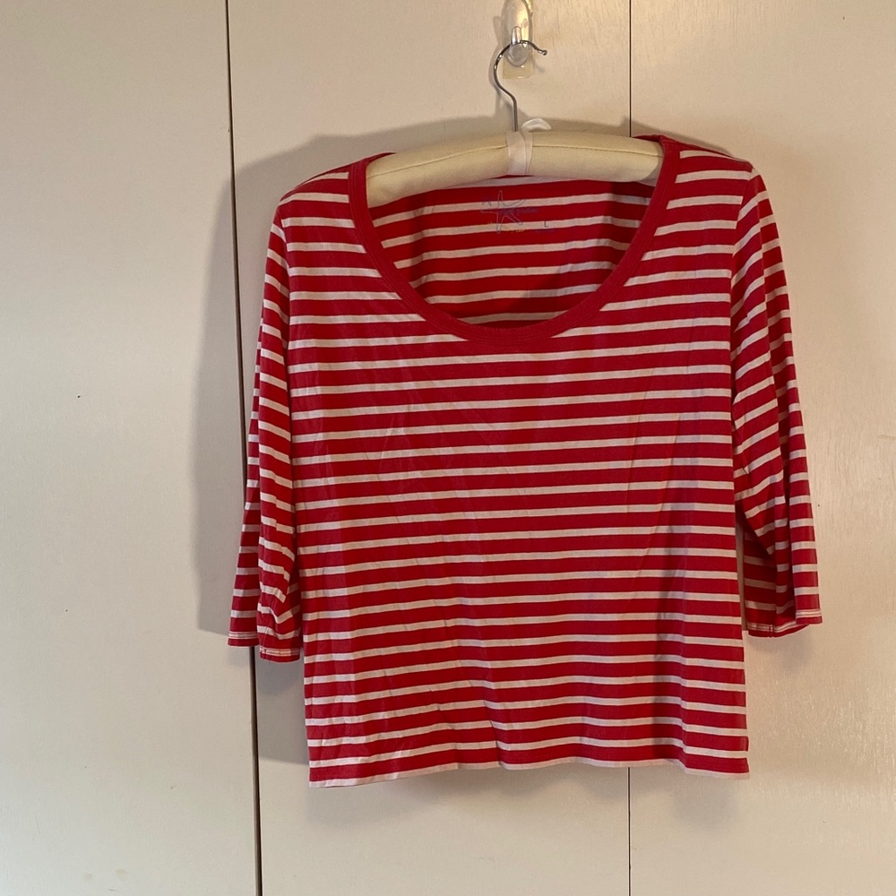 Fresh Produce Red and White Striped 3/4 Sleeve Top